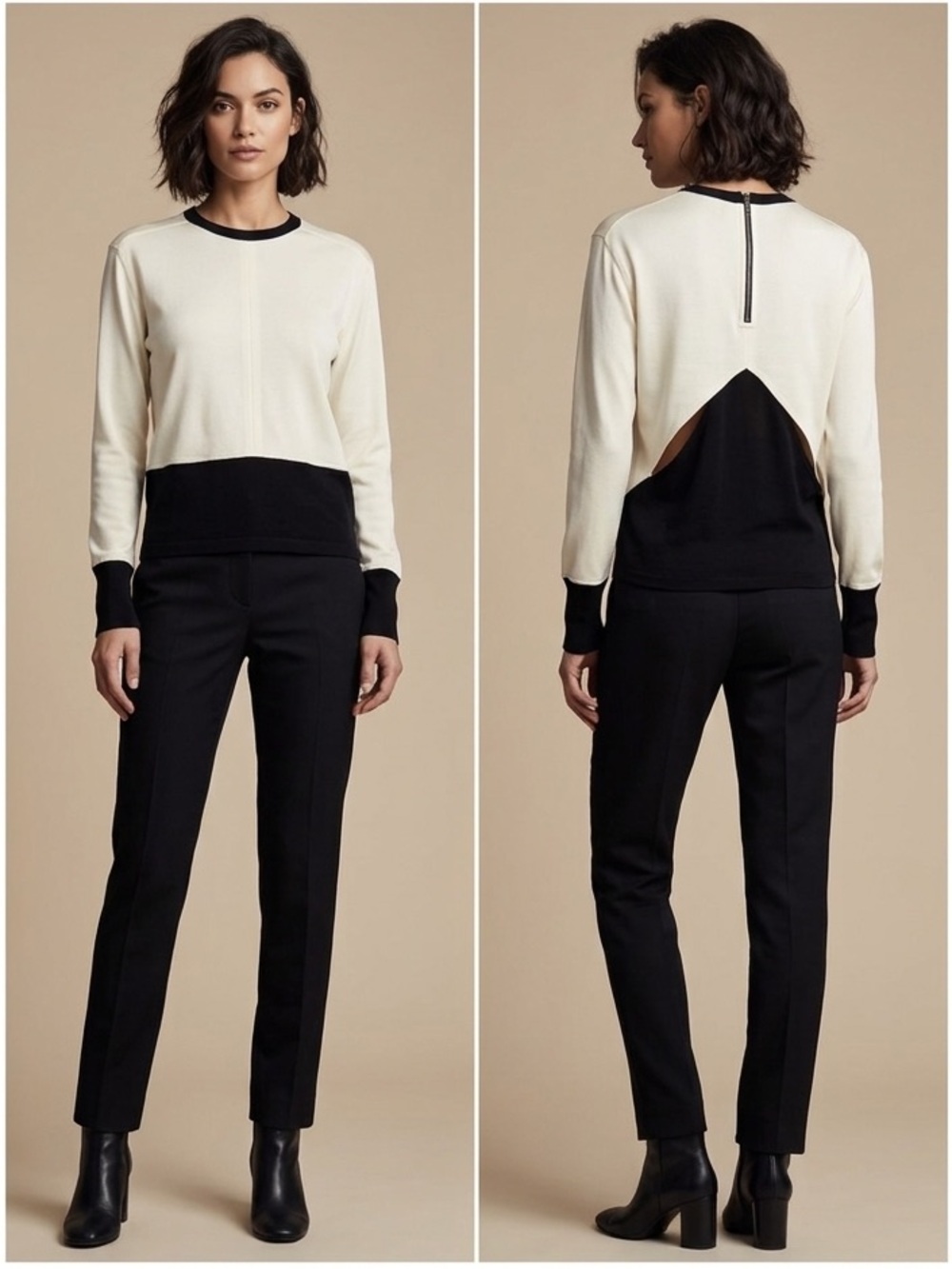 Helmut Lang Silk Blend Colorblock Black Ivory Long Sleeve Top Size P